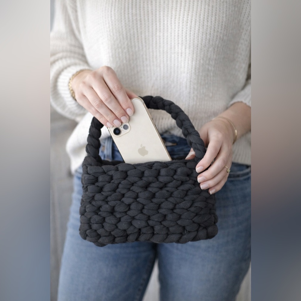 Handmade Chunky Knit Mini Tote Bag Gray Cotton Top Handle Purse